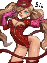 1girls ann_takamaki blonde_hair blue_eyes boots breasts clothing dakusuta earrings fake_tail female gloves hairclip human leotard looking_at_viewer mask mask_on_head medium_breasts pale_skin persona persona_5 phantom_thief_suit red_leotard tail thighhigh_boots twintails zipper zipper_leotard zipper_pull_tab