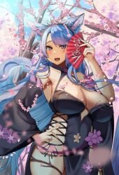 1girls black_kimono blue_eyes blue_hair breasts cherry_blossom_tree cherry_blossoms detached_sleeves female female_only hair_flower hand_fan hip_vent holding_fan indie_virtual_youtuber kimono large_breasts light-skinned_female light_skin long_hair looking_at_viewer outside painted_fingernails paper_fan silvervale sky solo trees valfar_(valfer/valfar0029) virtual_youtuber wolf_ears