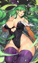 1girls 2019 bat_print big_breasts blush capcom darkstalkers female female_only gauntlets green_eyes green_hair gurimjang head_wings heart_cutout hi_res leotard long_hair looking_at_viewer morrigan_aensland purple_thighhighs smiling smiling_at_viewer solo succubus thick_thighs thighhighs