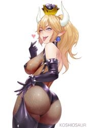 1girls ass blonde_hair blue_eyes bodysuit bowsette bracelet breasts collar earrings elbow_gloves fishnet_bodysuit fishnets gloves horns koshiosaur large_breasts looking_at_viewer mario_(series) new_super_mario_bros._u_deluxe nintendo pasties ponytail spiked_bracelet spiked_collar super_crown thighhighs