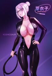 1girls bodysuit breasts dominatrix glasses hairbun hand_on_hip holding_whip koshio koshiosaur large_breasts latex latex_bodysuit looking_at_viewer navel no_bra plunging_neckline prison_school red_eyes shiraki_meiko whip white_hair