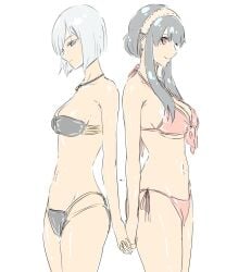 2girls bikini black_bikini black_hair black_swimsuit breasts female female_only fiona_frost grey_eyes hair_over_one_eye hairband holding_hands large_breasts looking_at_viewer midriff milf mitsugu multiple_girls navel nightfall_(spy_x_family) red_bikini red_eyes red_swimsuit short_hairs side-tie_bikini side-tie_swimsuit spy_x_family swimsuit tied_hair white_hair yor_briar yor_forger