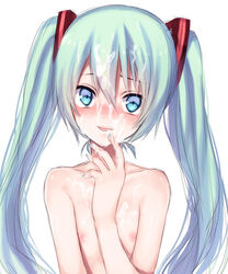 aqua_eyes aqua_hair aqua_nails blush color cum cum_in_mouth cum_on_breasts cum_on_face face facial female fingernails flat_chest hands happy_facial hatsune_miku long_hair midorikawa_you nail_polish nude portrait simple_background smile solo straight_hair tied_hair tsurime twintails vocaloid white_background