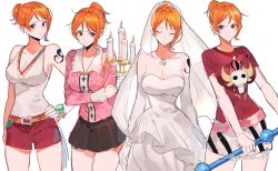 1girls belt black_skirt bracelet breasts bride candelabra candle candlestand clima-tact closed_eyes dress elbow_gloves female female_only gloves hand_on_hip holding_candles joman large_breasts looking_at_viewer nami one_piece orange_eyes orange_hair pink_shirt ponytail pre-timeskip red_shirt red_shorts saram_80 shirt shorts skirt tank_top tattoo tattoo_on_arm thriller_bark veil wedding_dress white_dress white_skirt white_tank_top