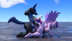 3d_(artwork) anthro ass big_butt big_penis digital_media_(artwork) eastern_and_western_character female female/female friendship_is_magic generation_4_pokemon genitals hasbro hi_res lucario male male/female my_little_pony nintendo penis pinup pokemon pokemon_(species) pose princess_cadance_(mlp) sex suicune_queen_(artist) thick_thighs wide_hips