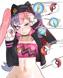 1girl 1girls crossover female female_only hat human_female human_only jacket kurosu169 long_hair midriff necklace pal_sphere palworld pink_eyes pink_hair pokeball solo throwing_object zoe_rayne