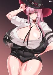 black_fingernails choker cowboy_hat cowgirl hololive hololive_english hololive_myth large_breasts mori_calliope mori_calliope_(sheriff) nonsense_(artist) pink_eyes pink_hair sheriff sheriff_badge thick_thighs virtual_youtuber wirberlwind