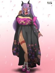 1girls big_breasts big_thighs breasts clothed clothed_female clothing cumdis dark-skinned_female dark_skin female full_body huge_breasts huge_thighs kimono large_breasts large_thighs leg_out purple_hair red_eyes succubus succubus_horns suckshna_(cumdis) thick_thighs thighs twintails