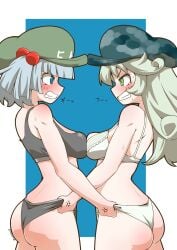 2girls ass back black_panties black_sports_bra blue_background blue_eyes blue_hair blue_headwear blunt_bangs blush bob_cut bra breast_press breasts cabbie_hat camouflage camouflage_headwear catfight commentary frilled_bra frilled_panties frills from_side glaring green_eyes green_headwear grey_hair grimace hair_bobbles hair_ornament hat kawashiro_nitori lifted_by_another long_hair looking_at_another multiple_girls panties panty_lift short_hair sports_bra sports_panties standing sweat symmetrical_docking tearing_up touhou translated twitter_username two_side_up underwear underwear_only white_bra white_panties yamashiro_takane yuri zannen_na_hito