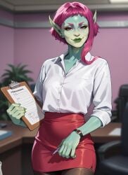 1girls ai_generated bedroom_eyes blue_skin cleavage concord earrings facing_viewer green_nails it-z_(concord) looking_at_viewer office_dress piercing pink_hair pink_lips pointy_ears skirt solo tight_clothing two_tone_hair