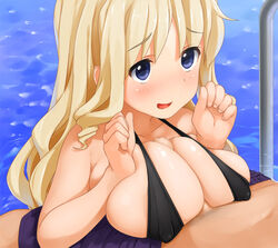 blue_eyes blush breast_squeeze breasts censored erect_nipples female human kaisen_chuui large_breasts male original paizuri paizuri_under_clothes penis pool straight swimsuit