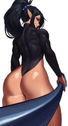 1girls ass black_hair blue_eyes commission female female_only fit fit_female leotard long_hair looking_at_viewer looking_back looking_back_at_viewer narrowed_eyes pointy_ears ponytail rear_view smiling smiling_at_viewer solo sotcho sword thick_ass thick_thighs toned toned_female very_high_resolution white_background