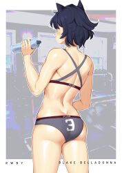 1girls ass black_hair black_hair_female blake_belladonna cat_ears faunus gym gym_clothes gym_shorts lulu-chan92 rwby water_bottle