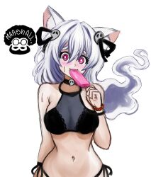 1girls animal_penis bikini blush female female_only fox_girl front_view ghost_girl highres holding_object ice_cream latam_virtual_youtuber light-skinned_female light_skin long_hair looking_at_viewer mrgarts pink_eyes pookyboo simple_background standing swimsuit virtual_youtuber vtuber vtuberfanart white_background white_hair