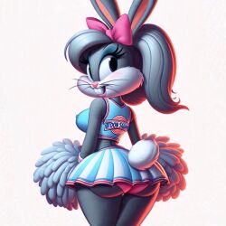 1girls ai_generated anthro bow bugs_bunny butt cheerleader cheerleader_uniform crossgender edited female female_only from_behind genderswap_(mtf) lagomorph looking_at_viewer looney_tunes makeup mtf_transformation nipple_bulge partially_clothed pink_panties pom_poms rabbit rule_63 solo space_jam tunesquad twintails warner_brothers