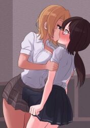 1futa 1girls blush cleavage duke_shiwa erection erection_under_skirt futa_on_female futanari glasses kissing penis ponytail school_uniform schoolgirl shiwa_kou shocked skirt surprised tagme