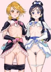 2girls bow censored clothing cure_black cure_white embarrassed flat_chest kuppipi_ramutarou kuppu mosaic_censoring panties panties_down pretty_cure pubic_hair ribs shirt shirt_lift shirt_lifted_by_self shorts shorts_down skinny skirt_lift small_breasts spats spats_down