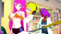 3d 3d_(artwork) android baseball_bat breasts comedy cosmixlewds embarrassed female female_only groping groping_from_behind hands_on_breasts hi_res horny_bat horny_female koikatsu logo nipples original_character pink_hair princess purple_hair rosabi_(cosmixlewds) starling_heroes topless violet_heart_(cosmixlewds) watermark yellow_eyes