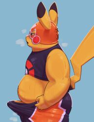 absurd_res anthro blush bodily_fluids bulge clothed clothing cosplay_pikachu cosplay_pikachu_(costume) erection erection_under_clothing generation_1_pokemon genital_fluids genitals hi_res kyomiqc male mammal nintendo overweight overweight_male penis pikachu pikachu_libre pokemon pokemon_(species) precum rodent slightly_chubby solo sportswear sweat tenting tight_clothing yellow_body