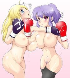 2girls big_breasts black_stockings black_thighhighs blonde_hair blue_eyes blush boxing boxing_gloves breast_press breasts catfight color duo eyebrows_visible_through_hair female female_only fight gloves huge_breasts human large_breasts light-skinned_female light_skin lips long_hair motion_lines mouth_guard multiple_girls naked naked_stockings naked_thighhighs nipples no_visible_genitalia nude open_mouth original pale_skin ponytail pubic_hair punch purple_boxing_gloves purple_eyes purple_gloves purple_hair red_boxing_gloves red_gloves round_ears saliva shiitake shiitake_(ikaika) side_view stockings teeth thick thick_thighs thighhighs thighs tied_hair uppercut violet_hair wide_hips