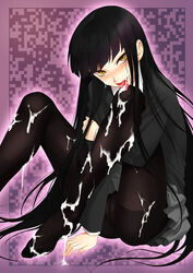 1girls black_hair blunt_bangs blush cum cum_in_mouth cum_on_body cum_on_clothes cum_on_feet cum_on_leg cum_on_legs cum_on_lower_body cum_on_pantyhose cum_on_thighs cum_on_tongue cumdrip facial female female_protagonist_(houkago_play) foot_bukkake highres houkago_play leg_hug legs licking long_hair looking_at_viewer mumu naughty_face open_mouth panties panties_under_pantyhose pantyhose school_uniform sitting skirt smile solo tongue underwear very_long_hair yellow_eyes