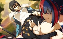 2girls alear_(female)_(fire_emblem) alear_(fire_emblem) bare_thighs black_hair blue_hair breasts female female_only fire_emblem fire_emblem_engage from_below hand_between_legs incest medium_breasts multicolored_hair nel_(fire_emblem) nintendo panties pinkseito red_eyes red_hair sisters thick_thighs thighs torn_clothes underwear white_panties yuri