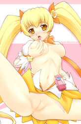 1girls blonde_hair blush breast_grab breasts clothing cure_sunshine female heartcatch_precure! heartcatch_pretty_cure! innie_pussy kakogawa_tarou long_hair magical_girl myoudouin_itsuki navel precure pretty_cure pussy small_breasts solo straight_hair tied_hair twintails uncensored very_long_hair wrist_cuffs yellow_eyes