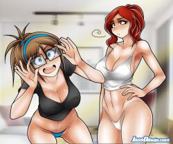 2girls bare_arms bare_legs bare_shoulders bare_thighs big_breasts blue_eyes blush brown_hair clothed clothing color erika_(living_with_hipstergirl_and_gamergirl) female female_focus female_only hi_res jago_dibuja large_breasts light-skinned_female light_skin living_with_hipstergirl_and_gamergirl long_hair looking_at_another looking_at_viewer open_mouth panties red_hair shirt solo_female sophie_(living_with_hipstergirl_and_gamergirl) tagme thick_thighs underwear