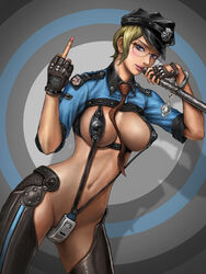 adapted_uniform between_breasts blonde_hair blue_eyes breasts condom cuffs female fingerless_gloves glasses gloves handcuffs large_breasts middle_finger navel necktie necktie_between_breasts neongun original police police_uniform policewoman rod short_hair sling_bikini solo swimsuit thighhighs uniform whistle