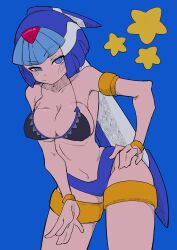 1girls aqua_hair armlet armpits bikini bikini_top blue_background blue_eyes blush_lines breasts buzzlyears closed_mouth curvy curvy_hips fairy_leviathan female gold_jewelry hand_on_hip headgear jewelry looking_at_viewer mega_man mega_man_zero navel pout pouting simple_background solo solo_female solo_focus stars stomach thigh_band thighs thin_waist wristband wristwear