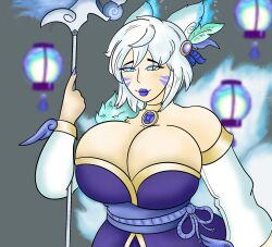 1girls big_breasts blue_eyes blue_eyeshadow blue_lipstick blue_makeup blue_outfit brawlhalla choker female fox_ears fox_girl galacticlewd grey_eyes huge_breasts imminent_oral nine_tailed_fox oral oral_sex pale-skinned_female pale_skin robe short_hair white_hair yumiko_(brawlhalla)