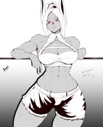 1girls abs bare_arms bare_shoulders big_breasts bitethebull black_and_white bunny_ears bunny_girl clothed clothing female female_focus female_only hi_res large_breasts long_hair looking_at_viewer miruko muscular muscular_female my_hero_academia red_eyes rumi_usagiyama solo solo_female superheroine thick_thighs white_hair