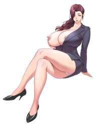 1girls big_ass big_breasts breasts_out busty curvy curvy_body curvy_female curvy_figure female hair_between_eyes hi_res high_heels highres looking_at_viewer mature_female mature_woman milf naked_breasts office_lady seductive seductive_look seductive_smile suit tatsunami_youtoku white_skin