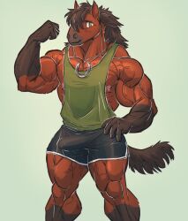 anthro biceps bottomwear bulge clothing emoster equid equine flexing genital_outline hi_res horse horseshoe jewelry male mammal muscular muscular_legs muscular_male necklace nipple_slip pecs penis_outline shirt shorts solo tank_top topwear vein veiny_muscles