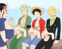 1girls 3boys akuma_no_mi breasts cleavage disembodied_limb female hana_hana_no_mi handjob highres huge_breasts large_breasts male monkey_d_luffy multiple_boys nico_robin one_piece roronoa_zoro smiles vinsmoke_sanji