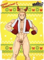 animated anime_style balls blonde_hair boku_no_hero_academia christmas cropped_jacket gif holidays male male_only maoh_king mirio_togata muscles my_hero_academia penis reindeer_antlers solo togata_mirio yaoi