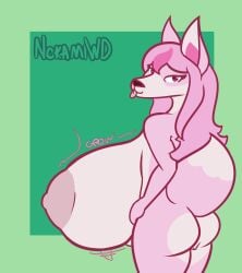 absurd_res anthro ass big_breasts big_butt blep brand_new_animal breast_expansion breasts canid canine expansion female fluffy fluffy_tail fox fur hi_res huge_breasts hyper hyper_breasts mammal nazuna_hiwatashi nokamiwd rear_view studio_trigger tail tongue tongue_out white_body white_fur