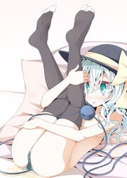 black_socks breasts feet female green_eyes hat heart human koishi_komeiji legs_up naked_stockings naked_thighhighs nude panties peeing peeing_self short_hair silver_hair socks solo stockings thigh_socks thighhighs touhou underwear usotsukiya zettai_ryouiki