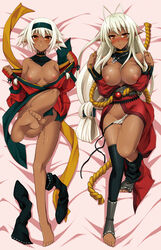 barefoot breasts dakimakura dark-skinned_female dark_elf dark_skin elf feet huge_breasts kouki_kuu large_breasts legs long_hair long_white_hair nidaime_muramasa nipples nisei_muramasa nitroplus pointy_ears sandaime_muramasa sansei_muramasa short_hair short_white_hair siblings sisters solo soukou_akki_muramasa toenails uncensored white_hair