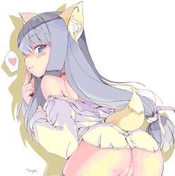 ass blue_eyes blue_hair bottomless dress_shirt face hage heart long_hair looking_back naughty_face oekaki off_shoulder original pussy shirt smile solo straight_hair tail uncensored