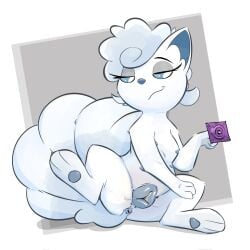 alolan_vulpix anus blue_eyes condom female feral genitals hi_res holding_condom holding_object honeymono looking_away multi_nipple nintendo nipples pokemon pokemon_(species) pussy raised_tail regional_form_(pokémon) sabotaged_condom sexual_barrier_device solo spread_legs spreading tail vulpix white_body