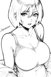 1girls ai_generated artist_name artsalkaline black_and_white capcom coat coat_removed covered_breasts dino_crisis female female_only fully_clothed large_breasts monochrome plain_background regina_(dino_crisis) shirt short_hair solo tagme taking_clothes_off tank_top white_background