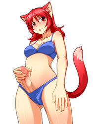 1futa animal_ears blue_bra blue_panties bra breasts cameltoe cat cat_ears cat_tail censored cleavage feline fur futa_only futa_sans_balls futanari herm hermaphrodite highres holding_penis intersex lingerie long_hair mosaic_censoring multi_genitalia navel nokoppa original panties penis penis_in_panties precum pussy red_eyes red_hair simple_background solo solo_futa tail underwear