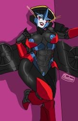 1girl 1girls armor armored_boots black_body blue_eyes blue_nipples blue_pussy helmet multicolored_body phantomas(artist) pose posing red_body red_lipstick robot robot_girl robot_humanoid solo solo_female solo_focus tagme transformers windblade