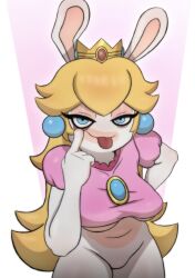 1girls :p anthro blonde_hair blue_eyes bottomless breasts closed_mouth crown eyelashes female female_only finger_to_eye long_hair looking_at_viewer mario_(series) mario_+_rabbids mario_+_rabbids:_kingdom_battle mocking naked nintendo rabbid rabbid_peach rabbit_ears rafaknight-rk raving_rabbids smile smug solo teasing tongue_out ubisoft underboob