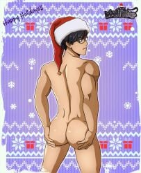 ass big_ass big_butt blue_hair boku_no_hero_academia christmas christmas_hat gay holidays iida_tenya maoh_king my_hero_academia naked no_visible_genitalia skinny tenya_iida