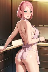 1girls ai_generated aianimearthd apron apron_only ass ass_focus back_view barely_clothed boruto:_naruto_next_generations breasts bubble_ass bubble_butt embarrassed from_behind hair_ornament hairband indoors kitchen legs_together light-skinned_female light_skin looking_at_viewer looking_back looking_back_at_viewer maid mature mature_female milf mostly_nude nai_diffusion naruto naruto_(series) pinup presenting presenting_ass presenting_hindquarters rear_view round_ass sakura_haruno sideboob solo stable_diffusion viewed_from_behind