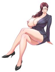 1girls big_ass big_breasts breasts_out busty curvy curvy_body curvy_female curvy_figure female glasses hair_between_eyes hi_res high_heels highres mature_female mature_woman milf naked_breasts office_lady seductive seductive_look seductive_smile skirt_suit suit tatsunami_youtoku white_skin