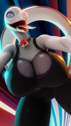 3d_(artwork) 4k 9:16 abstract_background absurd_res all_fours amphibian anthro bedroom_eyes big_breasts blue_eyes bra breasts clothing collar condescending curled_tongue digital_media_(artwork) eyeshadow female female_anthro fever-dreamer generation_7_pokemon glowing glowing_eyes gym_clothing hi_res huge_breasts lizard long_tail long_tongue looking_at_viewer looking_down looming low-angle_view makeup multicolored_body narrowed_eyes nintendo open_mouth pokemon pokemon_(species) reptile salazzle scalie seductive smile smirk solo sports_bra sportswear tail tongue tongue_out two_tone_body underwear valorlynz waeverstan white_body yulazzle_(evov1)