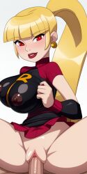 1boy 1girls ai_generated android areolae ben_10 ben_10_omniverse black_shirt blonde_female blonde_hair blush blushing_at_viewer boob_grab breast_grab breasts female hand_on_breast humanoid legs legs_spread looking_at_viewer male mazuma miniskirt nipples penis penis_in_pussy ponytail pussy red_eyes red_lipstick robot_girl robot_humanoid shirt skirt skirt_lift turtleneck vaginal_penetration